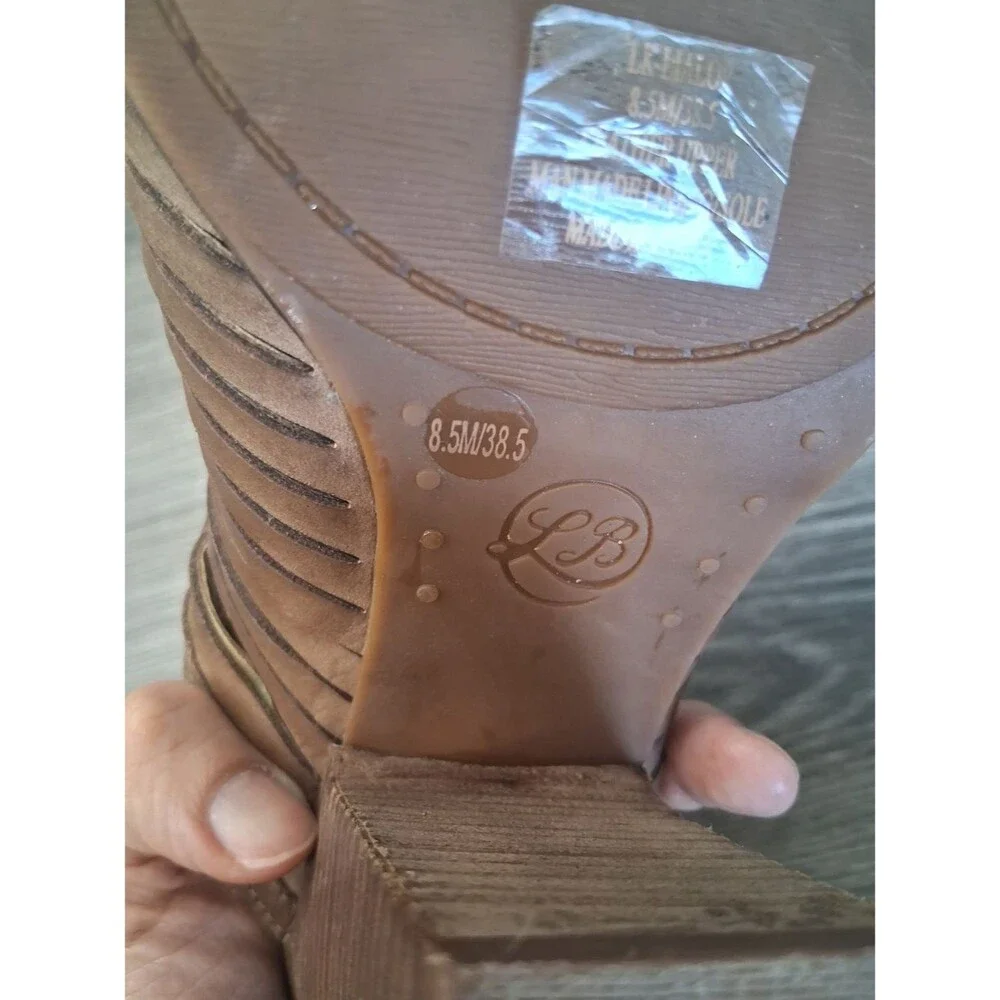 Lucky Brand Brown Leather Boho Peep Toe Slingback Block Heel Sandal women Sz 8.5